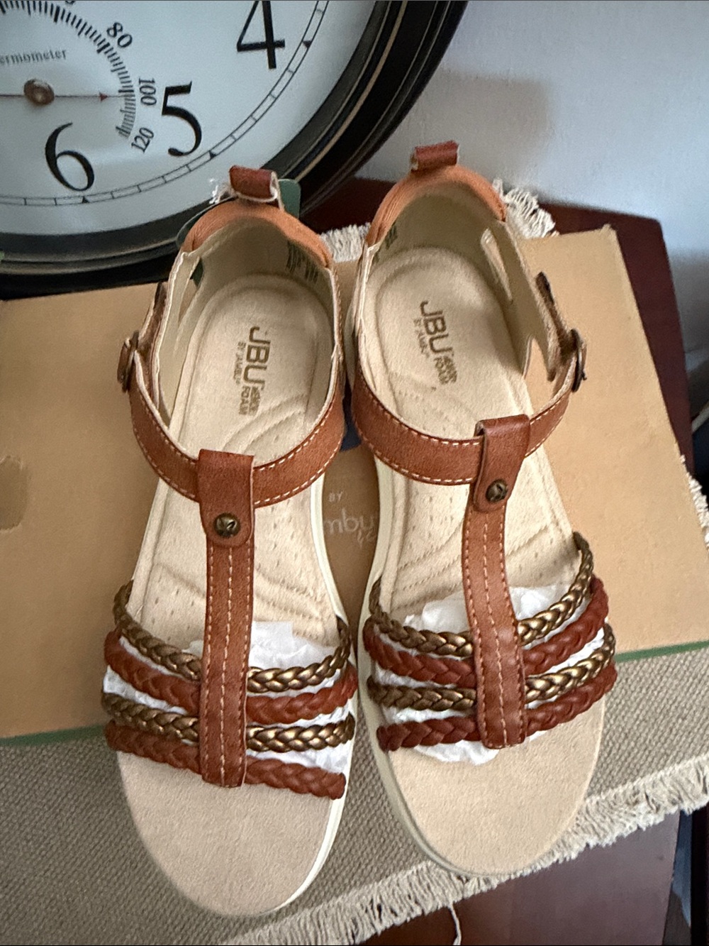 JBU Women's Brown Braided T-Strap Sandals with White Sole - Picture 12 of 13